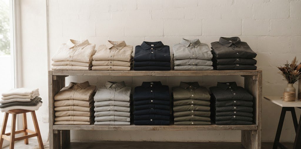 Menswear display of folded shirts and polos