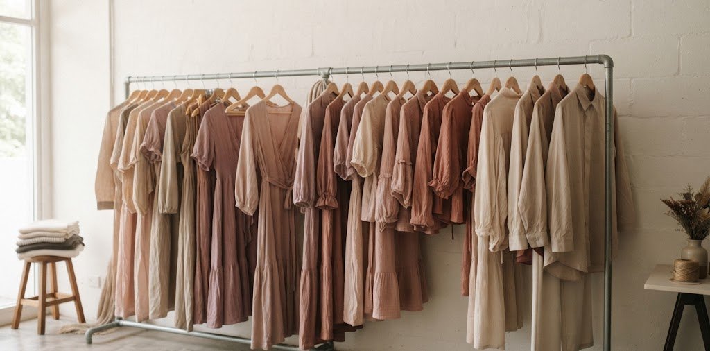 Womenswear rail with dresses and blouses